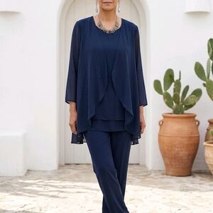 Chiffon Overlay Straight-Leg Jumpsuit in Navy